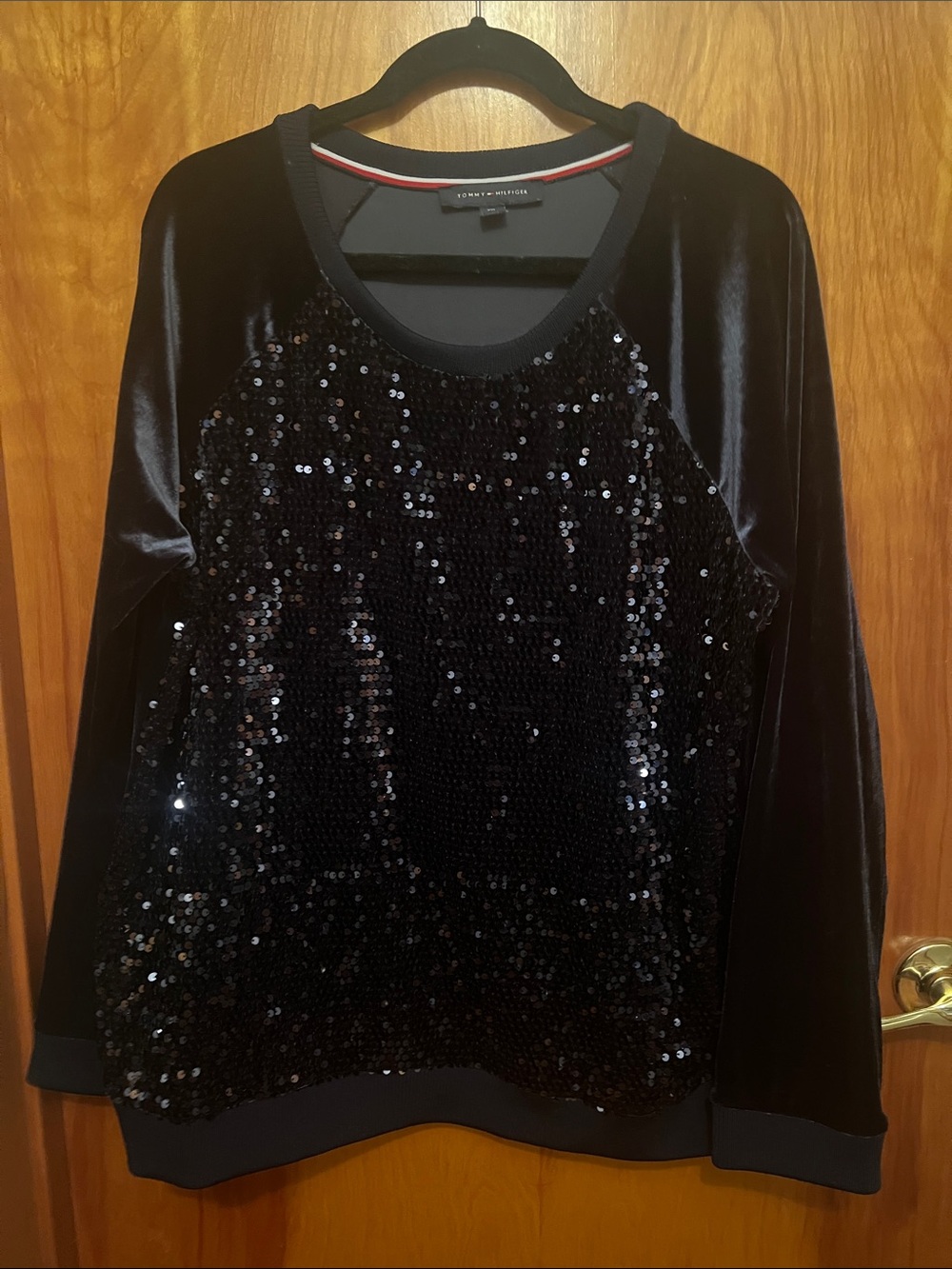 Tommy Hilfiger Blue Velvet Sequin Long-Sleeve Top